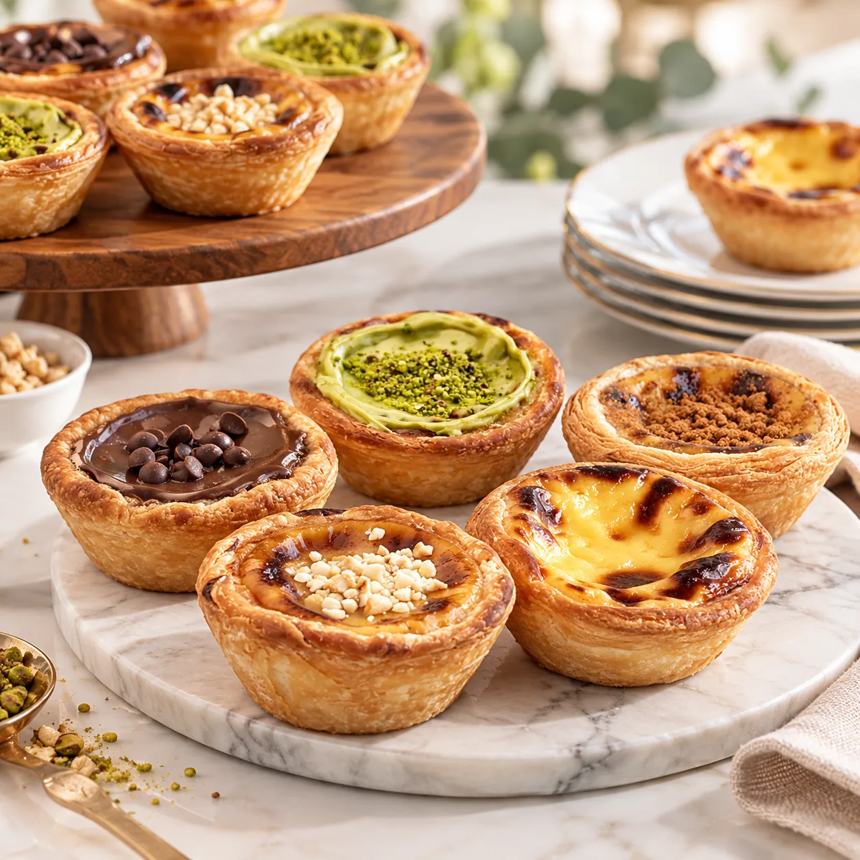 Mermer tabakta çikolatalı, antep fıstıklı, fındıklı ve klasik pastel de nata çeşitleri